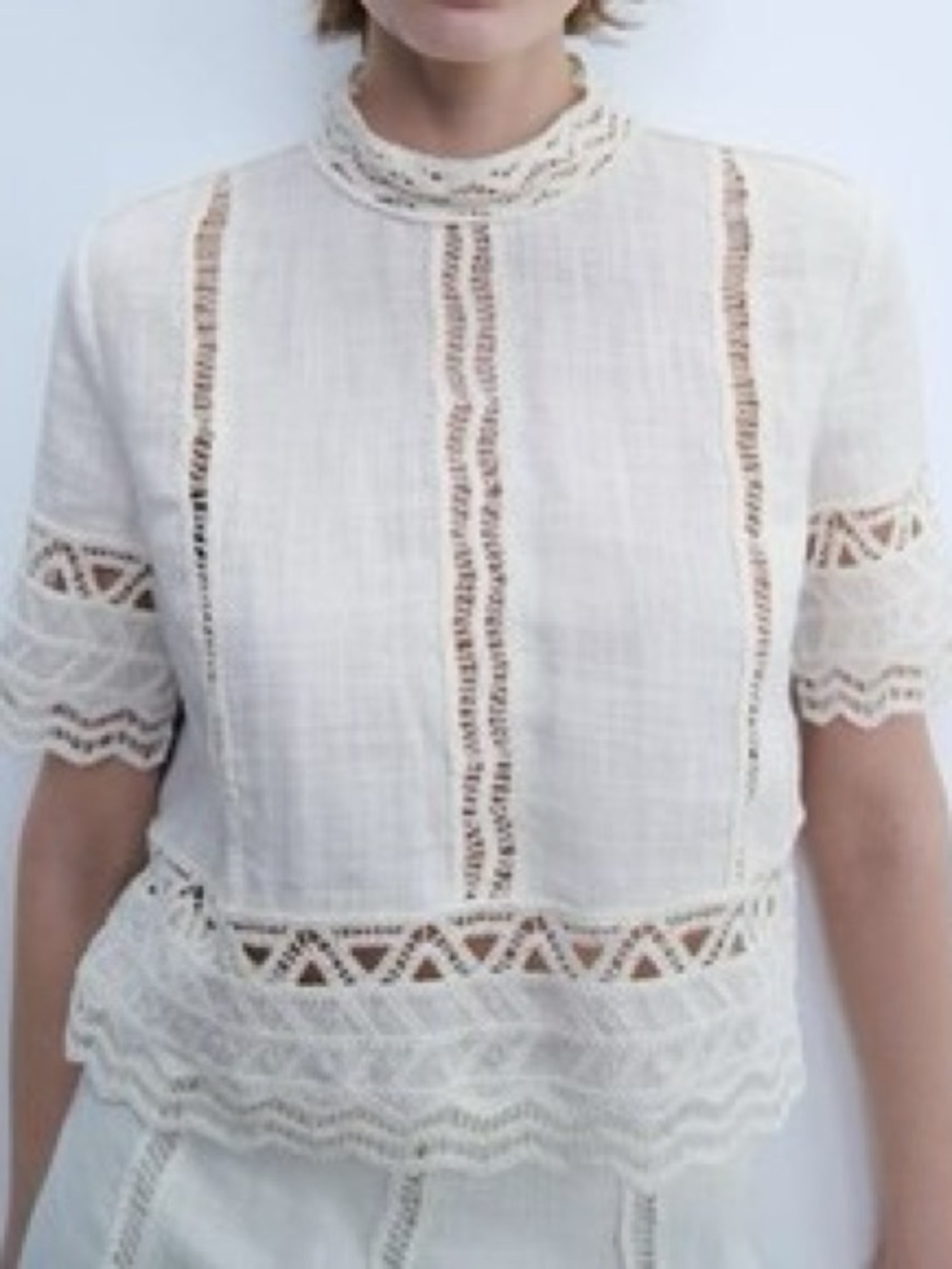 Zara Cream Lace-Trim High-Neck Blouse